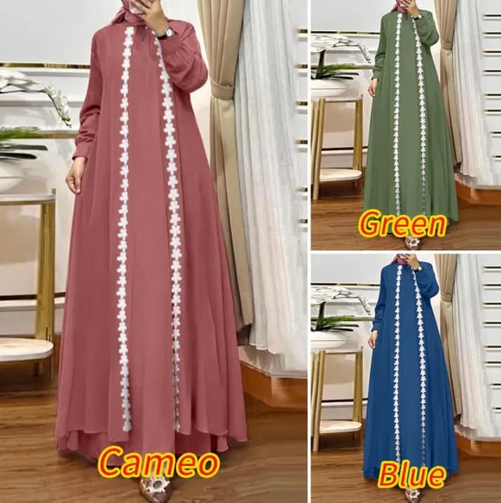 Women's Clothing New Middle Eastern Muslim Fashion Elegant Solid Color Loose Long Sleeved Lace Cardigan Robe Dress
