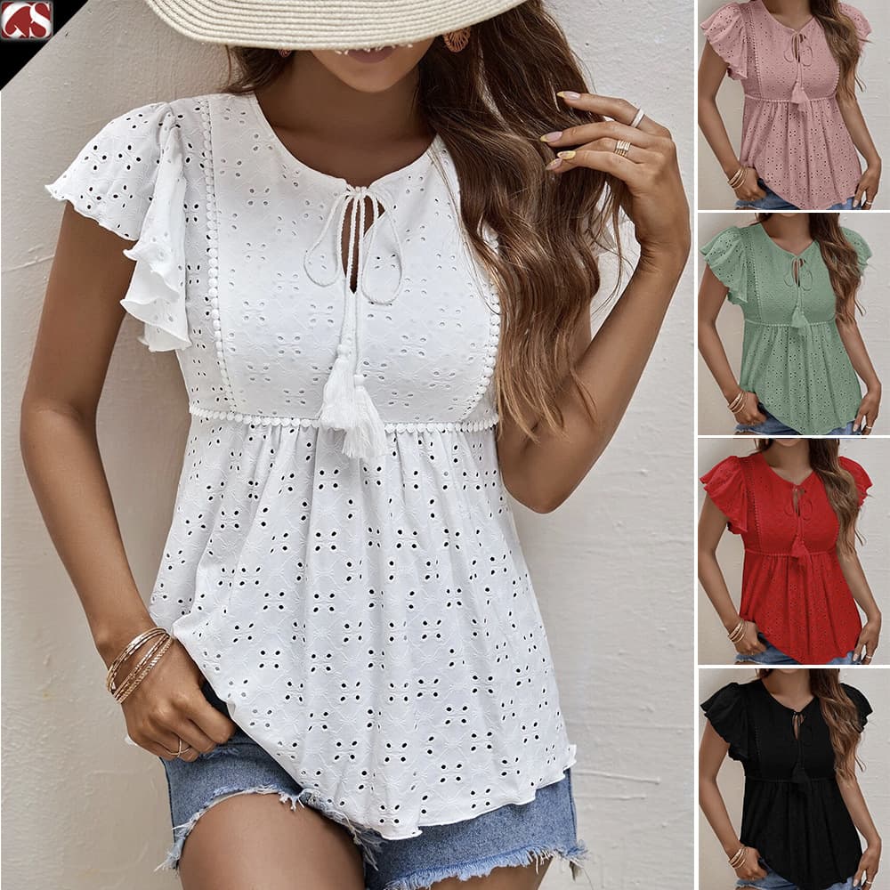 women's Clothing New Amazon Ladies Solid Color Jacquard Lotus Leaf Sleeve Temperament T-shirt Top