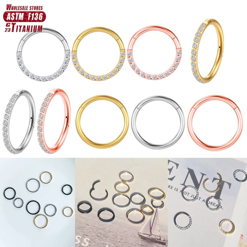 F136 Titanium Nose Ring Hoop Septum Piercing Round with Earrings Tragus 16g Zircon Cartilag Hinged Segment Women Jewelry Wholesale