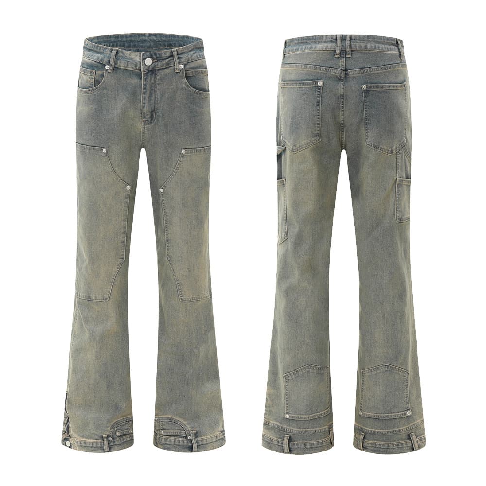 Pantalon pattes d'éléphant en denim vieilli pour homme avec motif patchwork - Jean de travail style hippie vintage pour une tenue décontractée (noir, bleu)