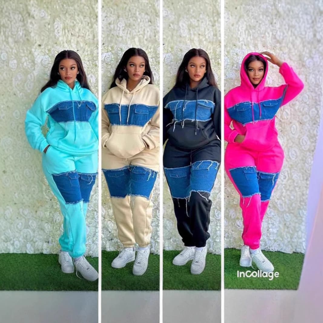 Women’s Clothing Irregular Contrast Color Stitching Denim Sweatshirt For Women Trendy Hooded Casual