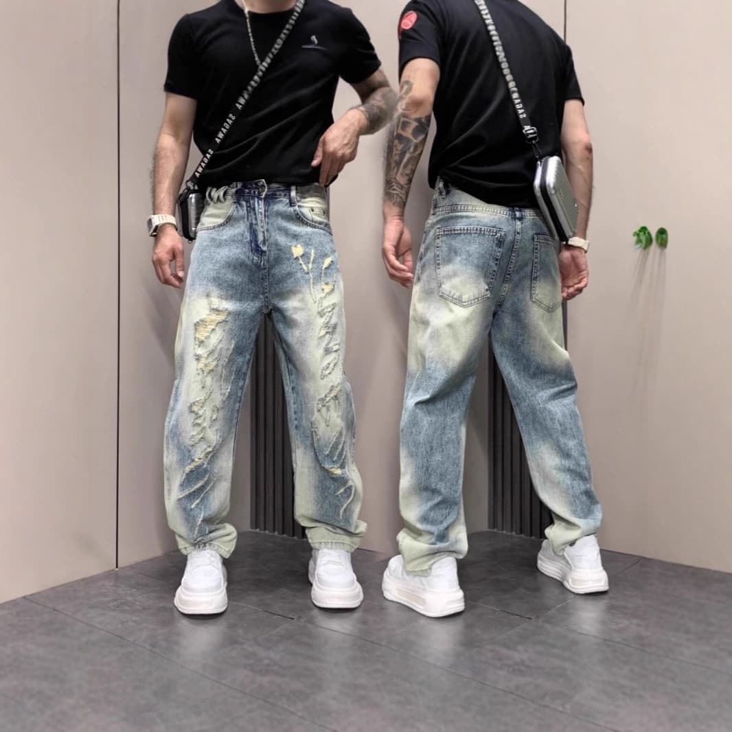 "Men's Distressed Straight Leg Jeans – Vintage Washed Blue Denim With Ripped Details, Trendy Instagram Style (Sizes M-XXXL)"