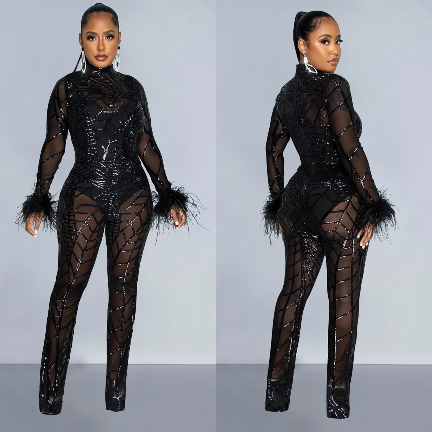 Women’s Clothing fashion women's solid color mesh feather long sleeved trousers two piece set