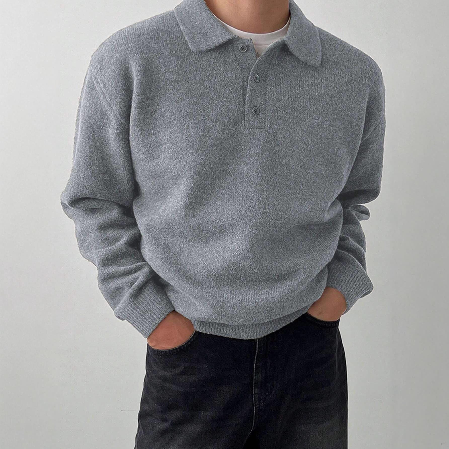 Men’s Polo Neck Sweater – Thick Knit Pullover With Ribbed Hem (Light Gray, Black, Coffee, Dark Gray, Tan, Olive Green)​
