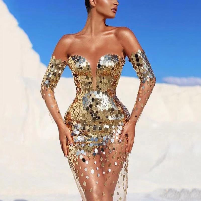 Women's dress sequined one-shoulder sexy mesh perspective long evening dress