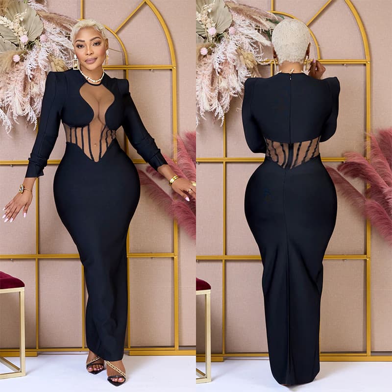 Vêtements pour femmes Nouvelle robe de bandage sexy à manches longues pour femmes Robe de soirée de banquet de célébrité en maille épissé