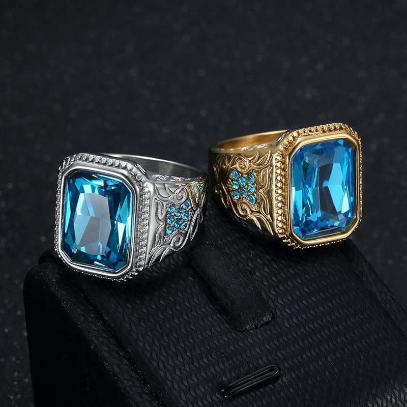 European And American Cross-Border New Hip-Hop HIPHOP Titanium Steel Vacuum Gold-Plated Ice Blue Rhinestone Glass