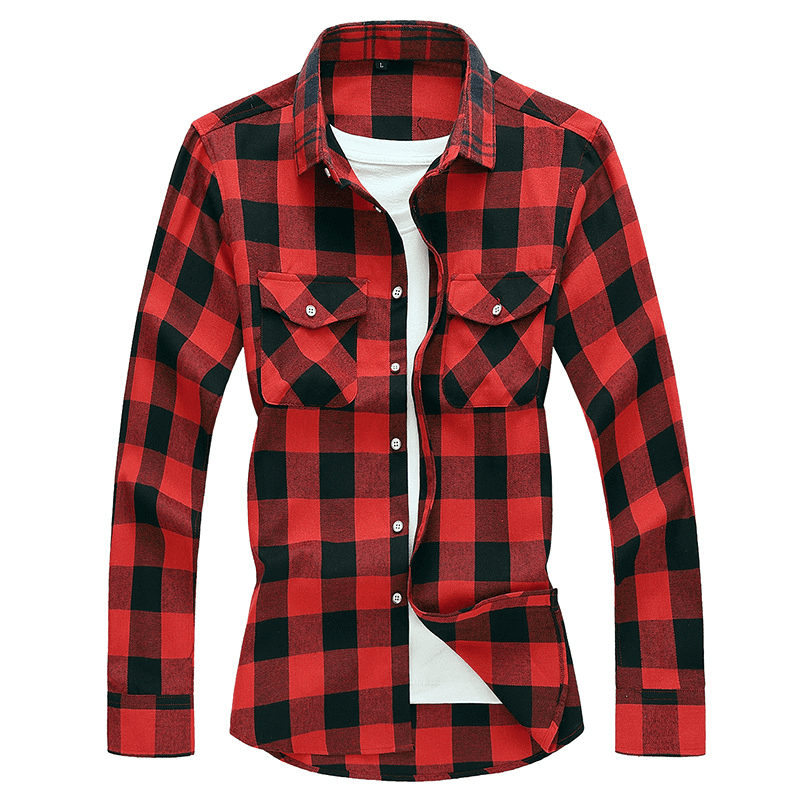 Men's Shirt Double Pocket Plaid Handsome Youth Long-sleeved Shirt Trendy