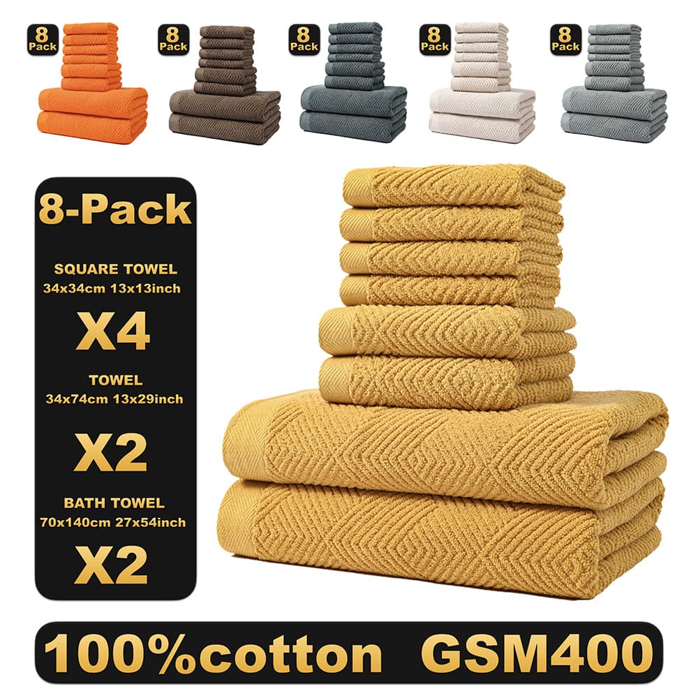 ​8-Piece 100% Cotton Towel Set - Ultra Soft & Highly Absorbent Includes Bath Towel Hand Towel & Washcloth Luxury Hotel & Home Use​​