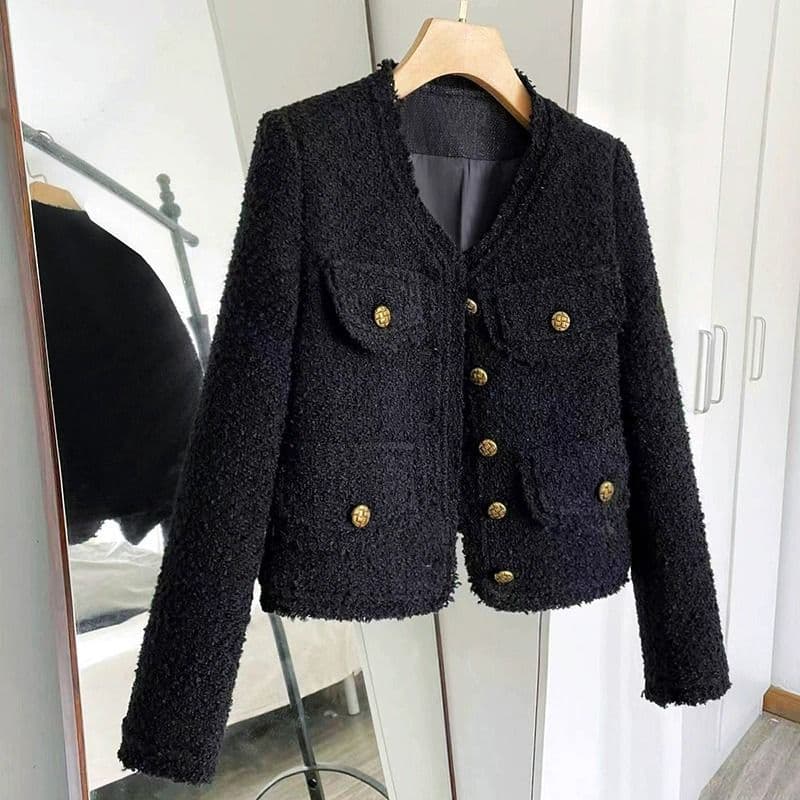 ​Elegant Black Short Tweed Jacket For Women - Classic Style Cropped Blazer With Long Sleeves, Round Neck & Button Detail (S/M/L/XL)​
