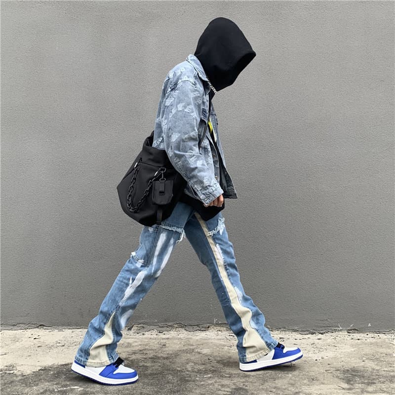 Men's Clothing American high street washed ink spliced ​​jeans men's trendy brand vibe style personalized straight loose micro flare pants
