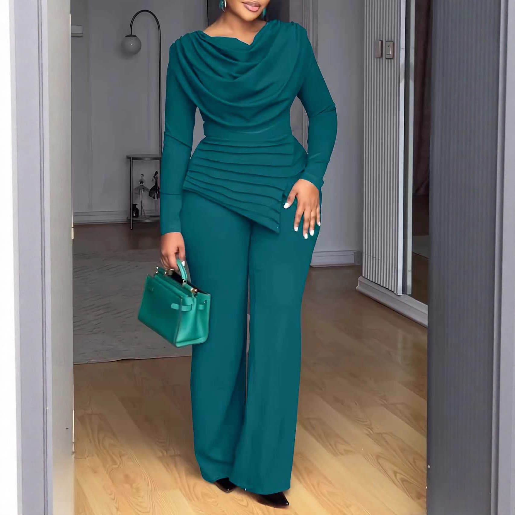 Women's Clothing Fitted Top & Flare Pants Set – Long-Sleeve Fall Outfit (S-5XL, Polyester-Spandex Blend, Wrinkle-Resistant, Casual & Elegant)
