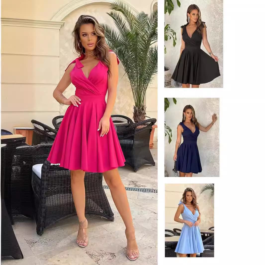Women's Clothing Summer Solid Color V Neck High Waist Dress
