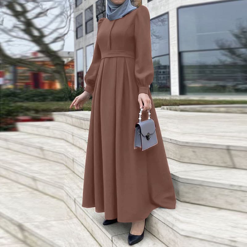 Women's Dress Plus Size Dress Puff Sleeve Round Neck Solid Color Long Skirt Robe Dress