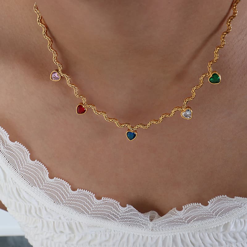 Five Multi-color Heart Cubic Zirconia Station Ripple Necklace, Clavicle Jewelry For Women