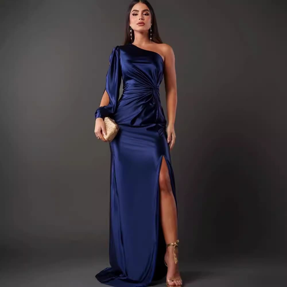 Women's Clothing summer new women's clothing oblique collar raglan sleeves pleated waist slit sexy long skirt