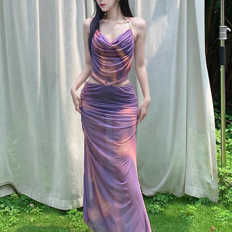 Women's Clothing Three Piece Long Skirt Fashionable Tie Dye Sexy Slim Steel Support Gathered Hot Spring Swimsuit Professional