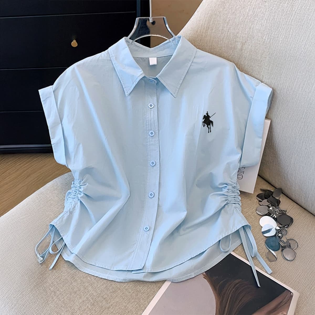 Elegant Oversized Shirt With Drawstring Waist – Embroidered Short-Sleeve Blouse For Women, Office & Casual Wear