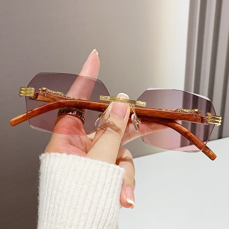 Square cut rimless sunglasses female gradient color fashion imitation wood grain mirror legs leopard sunglasses male