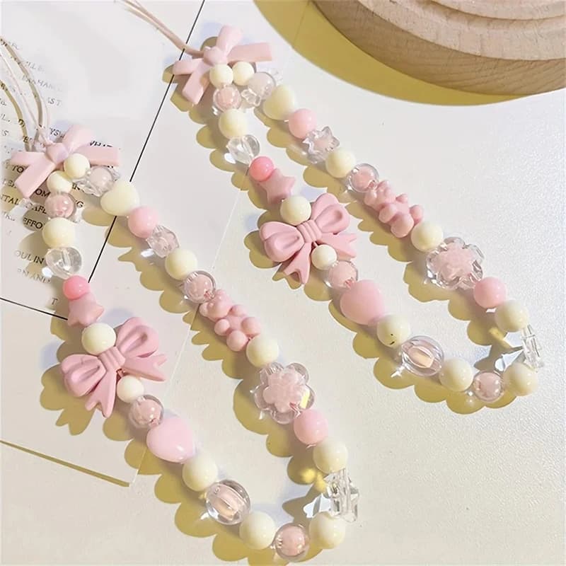 Korean Cute Charm Bear Love Heart Bowknot Phone Chains For IPhone Women Girls Jewelry Strap Beaded Lanyard Hanging Cord Bracelet