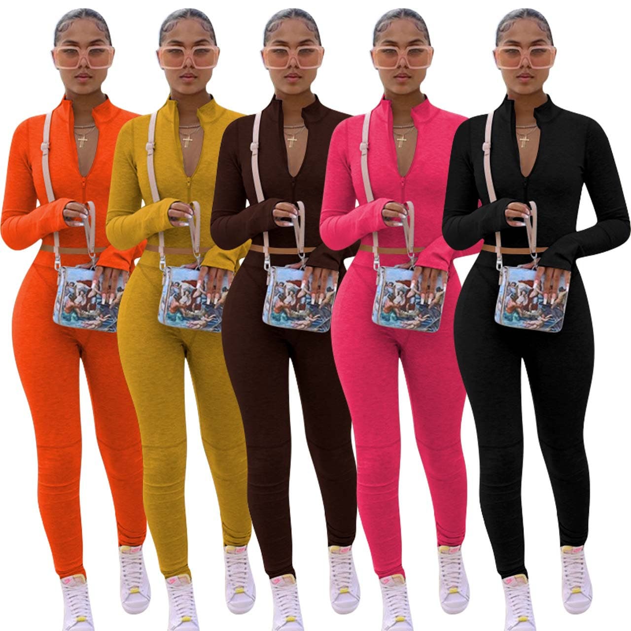 Streetwear Essentials: Women's Long-Sleeve Fleece Hoodie & Jogger Set – Solid Color Athleisure Two-Piece (Black, Orange, Rose, Mustard, Brown)​