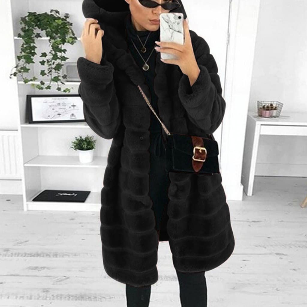 Manteau mi-long à capuche en peluche de couleur unie pour femme