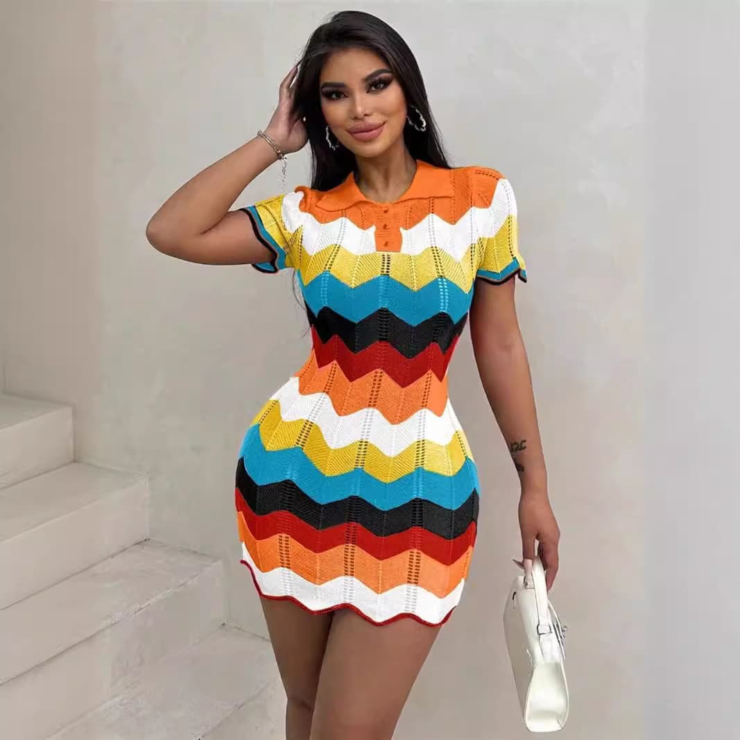 Women's Clothing New Contrast Color Polo Collar Knitted Hip Fashion Sweater Slim Dress