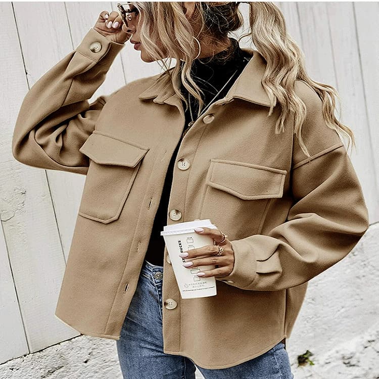 Women's Clothing Solid Color Single Breasted Wool Coat Casual Lapel Loose Top Fashion Spring Autumn Jacket
