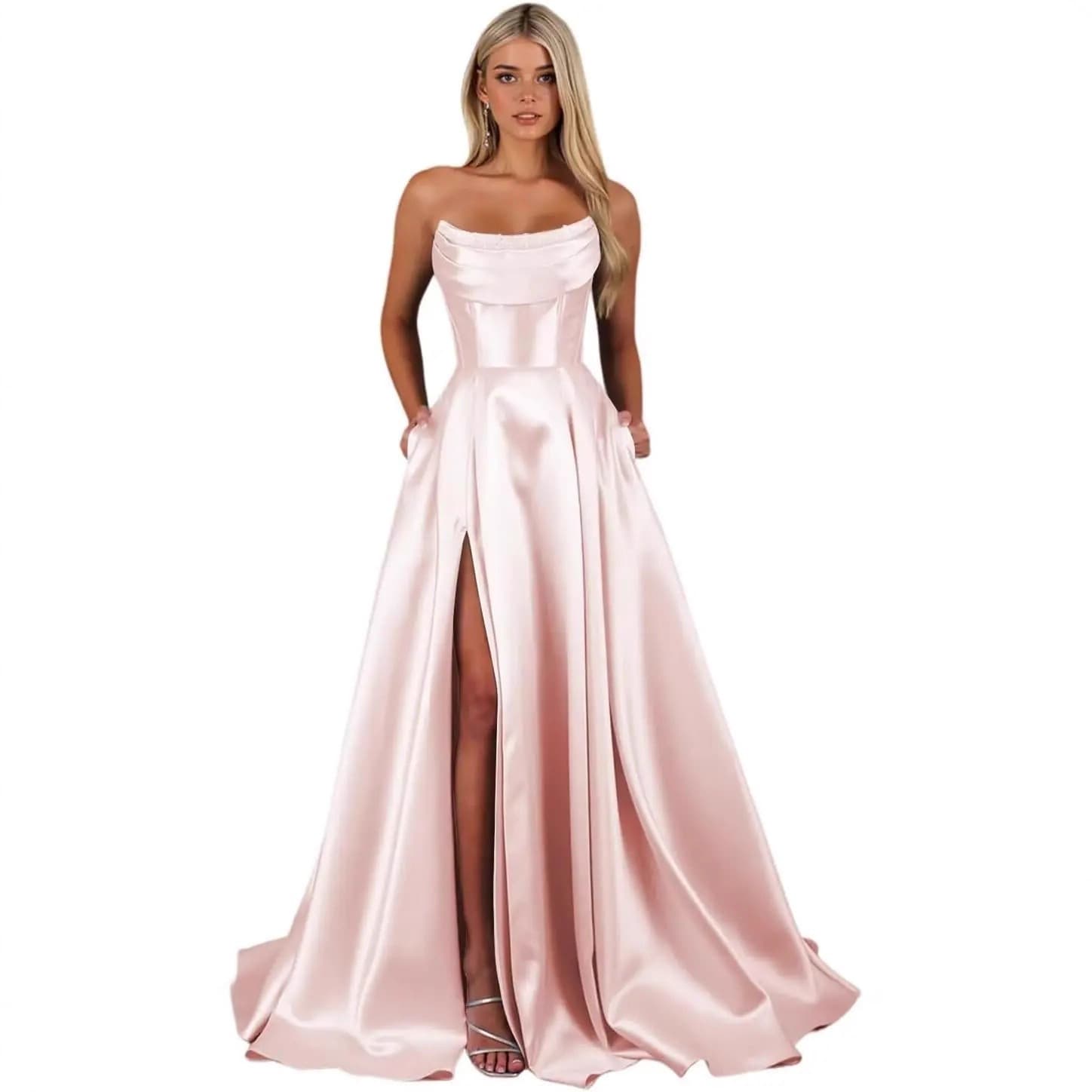 Satin Evening Gowns for Women Strapless Bridesmaid Dresses Ball Gowns Formal Long Dresses Banquet Wear European & American Style