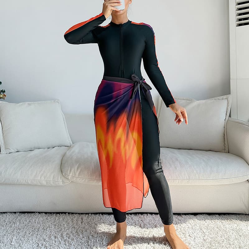 ​​3-Piece Swimdress Set – Modest Swimwear With Cover-Up Skirt & Leggings (S-XL) – UPF 50+ Chlorine-Resistant Polyester (Black/Blue)​​