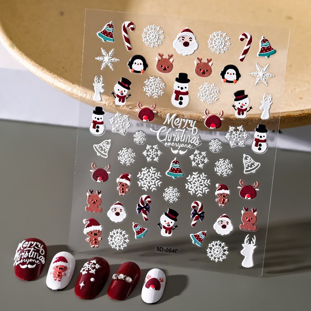 Christmas Embossed Nail Decals - 5D Naked Sheet | 3D Santa Snowman Snowflake Cartoon Relief Stickers
