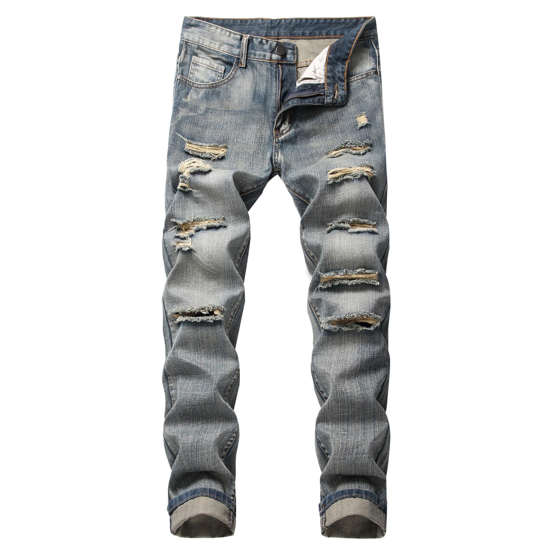 Cross-border Men's Clothing Ripped Straight Slim-fit Non-elastic Jeans Multi-ripped Men's North American Trousers