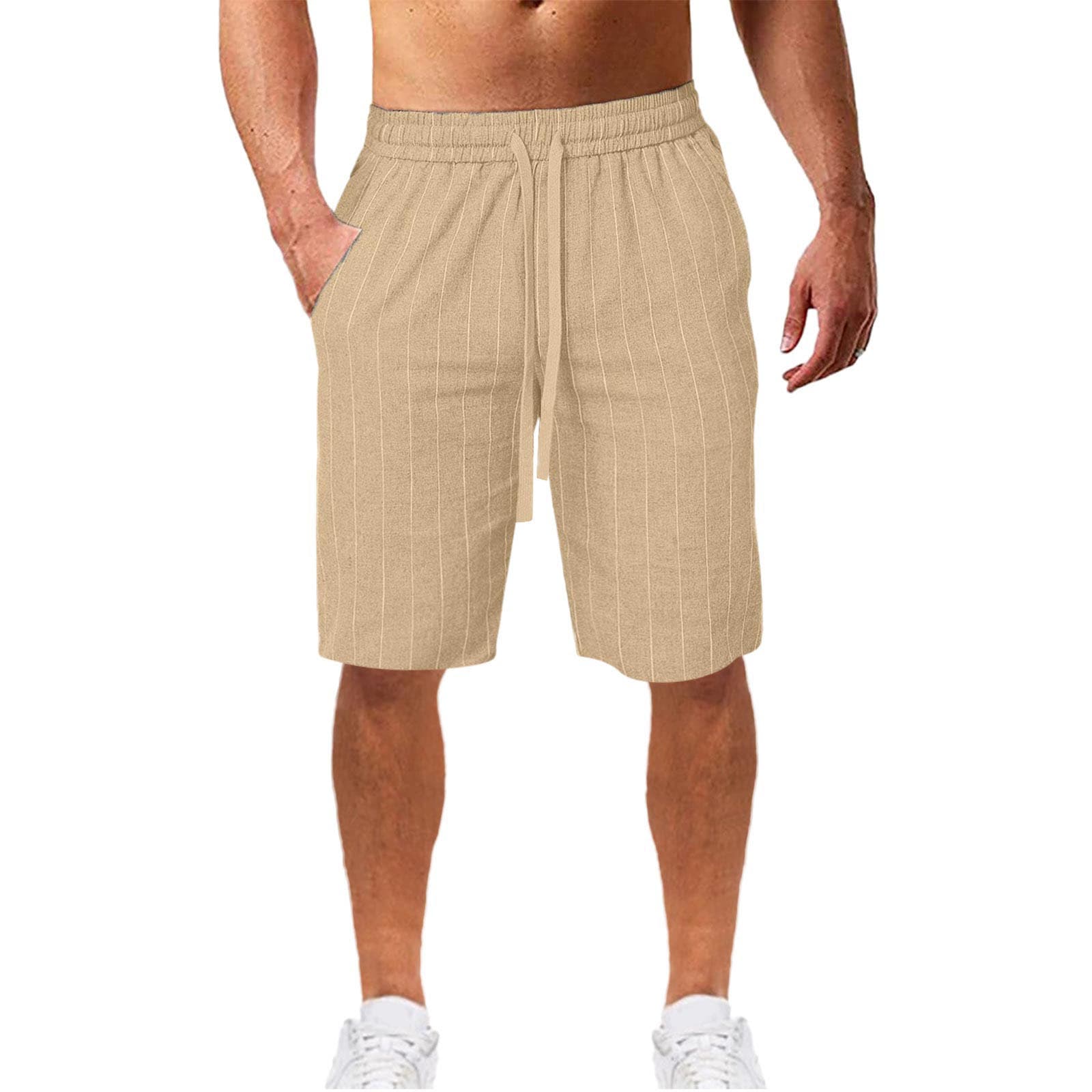 Men's Vertical Stripe Tether Elastic Waist Cotton Linen Casual Shorts