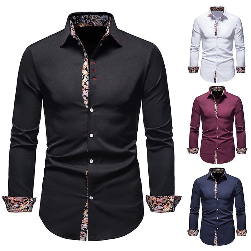 Men's Floral Dress Slim Casual Paisley Print Long Sleeve Button Shirt A215