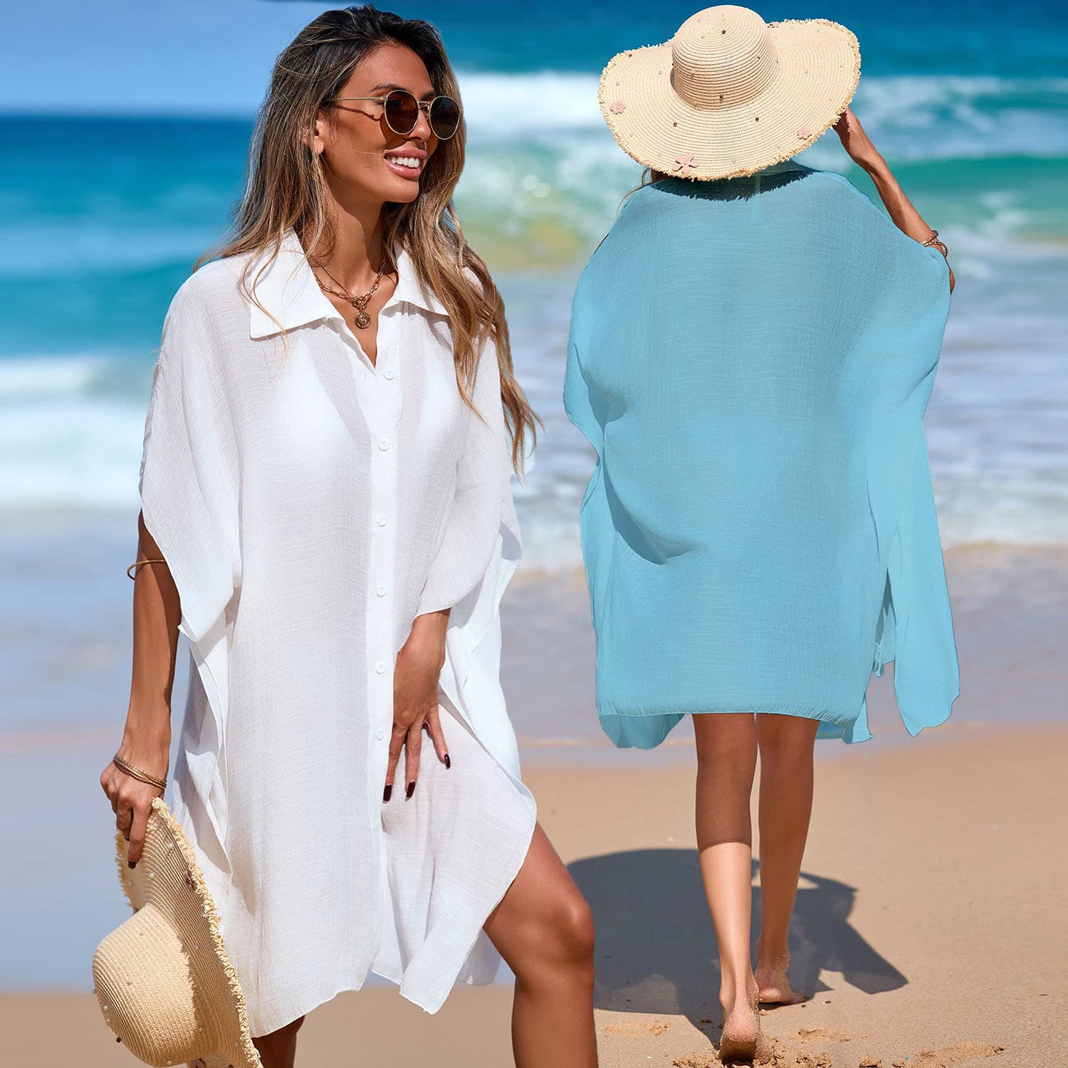 Beach Cover-Up Shirt Dress Lightweight Sheer Polo Collar Tunic Breezy Short Sleeve Swimwear One Size 4 Colors