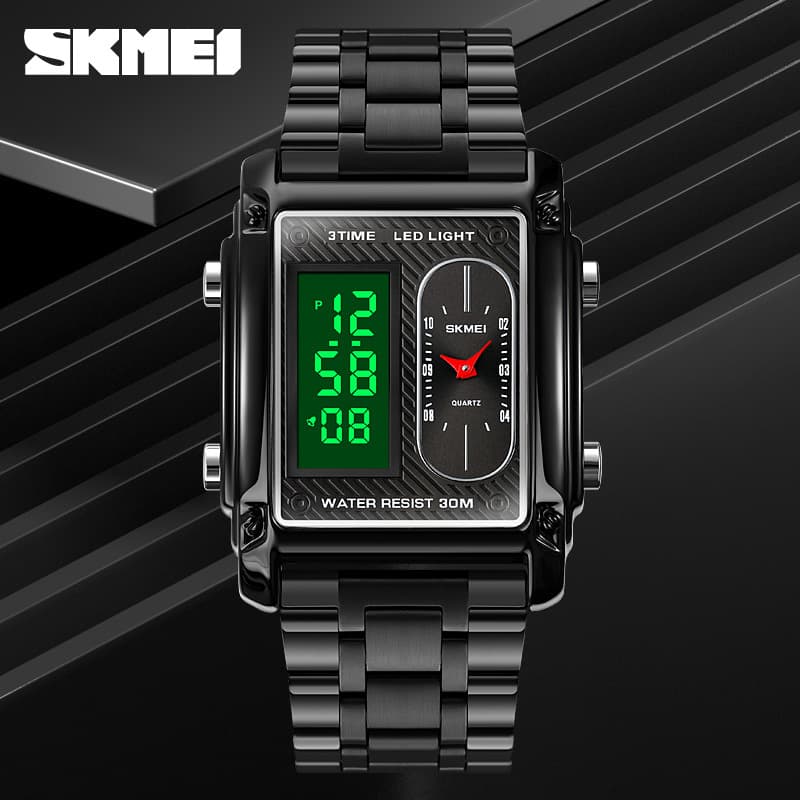 Time beauty Skmei fashion trend multi-functional square men's steel belt electronic watch cross-border best-selling business watch