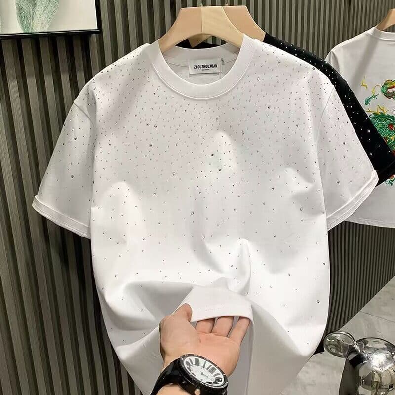 Trendy Brand Versatile Fashionable Round Neck T-shirt For Men With Starry Sky And Diamond Hot Stamping Short Base, Half