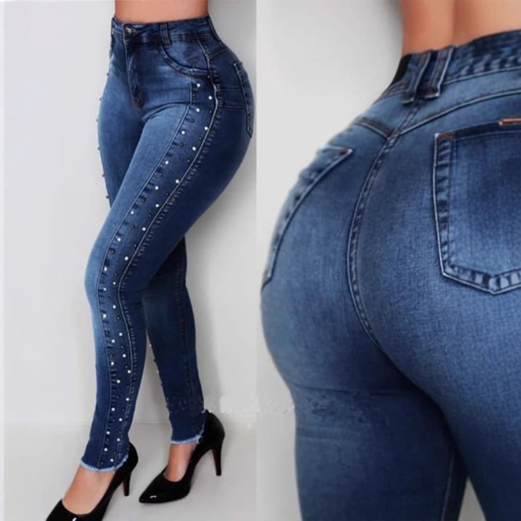 High Waisted Studded Beaded Push Up Skinny Jeans High Elasticity Autumn Winter Style Casual Cotton Denim