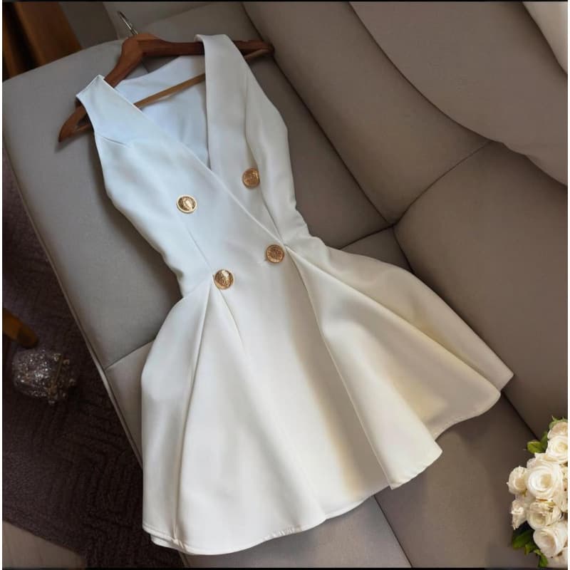 ​​Elegant V-Neck Sleeveless Button-Down Mini Dress - Summer A-Line Skirt With High Waist In White & Black (XS-XXL)​