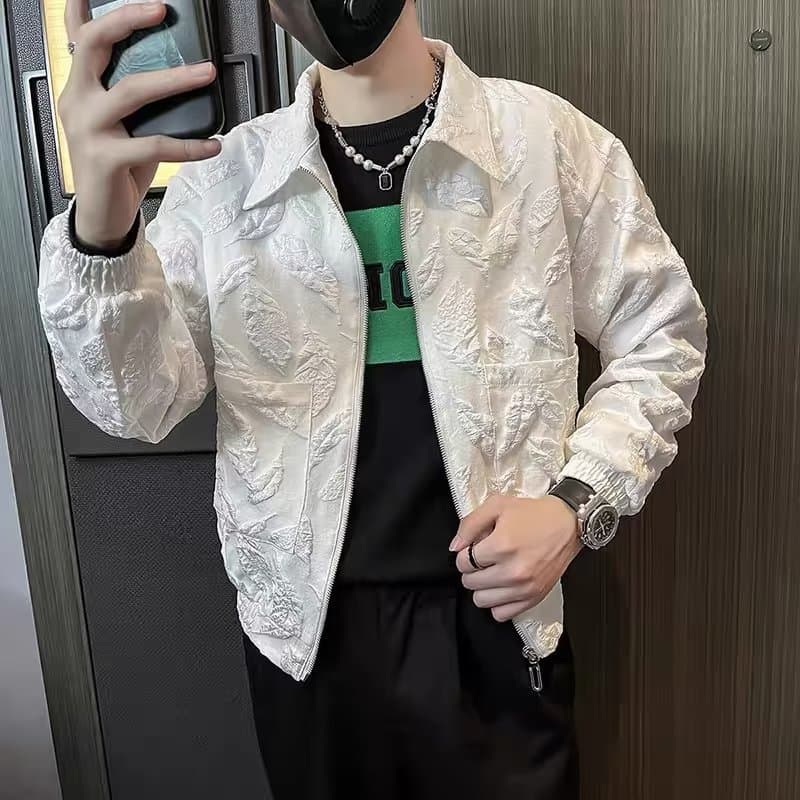 Men's Stylish Printed Jacket – Leaf Pattern Streetwear Coat For Spring & Fall | Loose Fit | Trendy Zipper Casual Outerwear (Black/White, M-3xl)