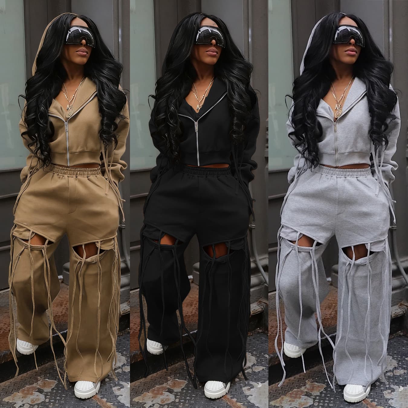 ​Women's Hooded Zip-Up Sweatshirt & Wide-Leg Pants Set - Edgy Distressed Two-Piece Outfit For Casual & Commute​