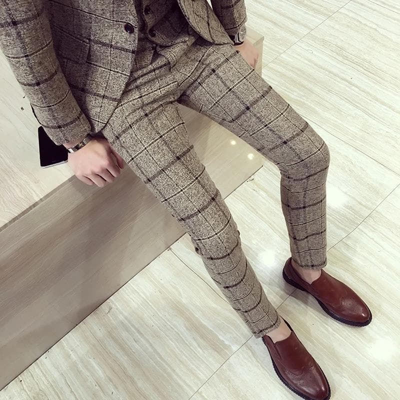 Men's Clothing New Off-body Business Plaid Skinny Trousers