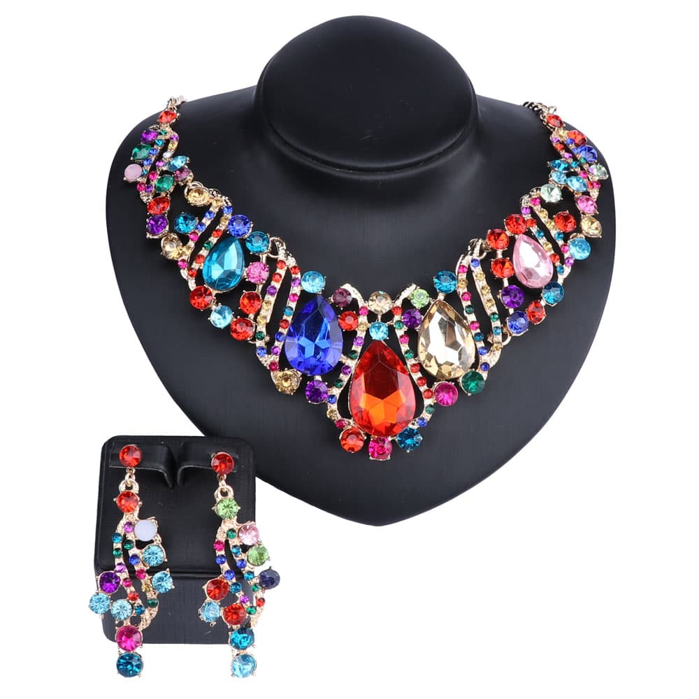 Fashion Charm Gold Color Jewelry Sets For Women Crystal Pendant Necklace Earrings Party Dress Accessories