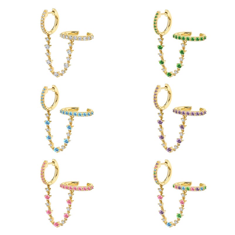 Women's Jewelry S925 Silver Needle One-piece Ear Chain Diamond-encrusted Double Ring Ear Clip Fashionable And Trendy Ear Ring Earrings