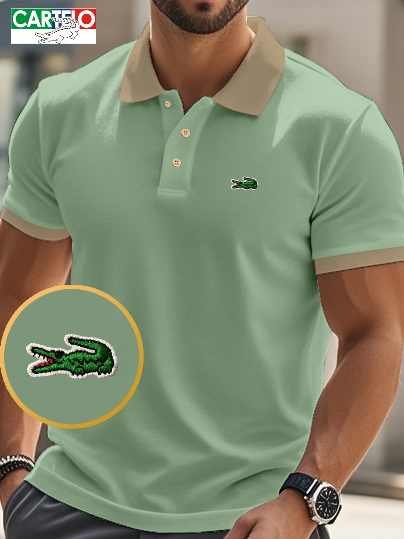 CARTELO Crocodile Men's Short Sleeve Vintage Polo Shirt - Khaki & Green Contrast Collar, Breathable Pique Cotton, Retro Casual Summer Top For Daily We