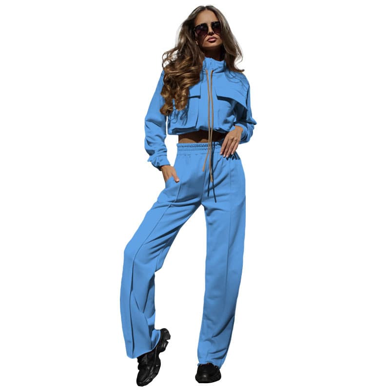 Women's Clothing Solid color zipper double bag drawstring long sleeve blouse fashion casual pants suit women