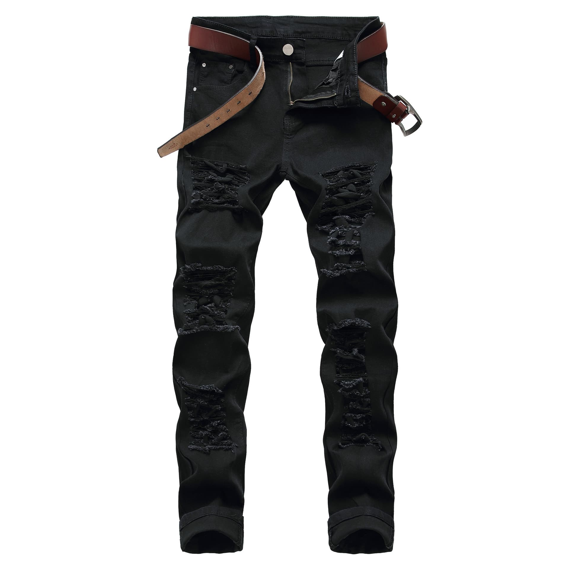 "Men's Stretch Ripped Jeans – Slim Straight Fit With Distressed Details, High Elasticity & Urban Street Style (Black/White/Red)"