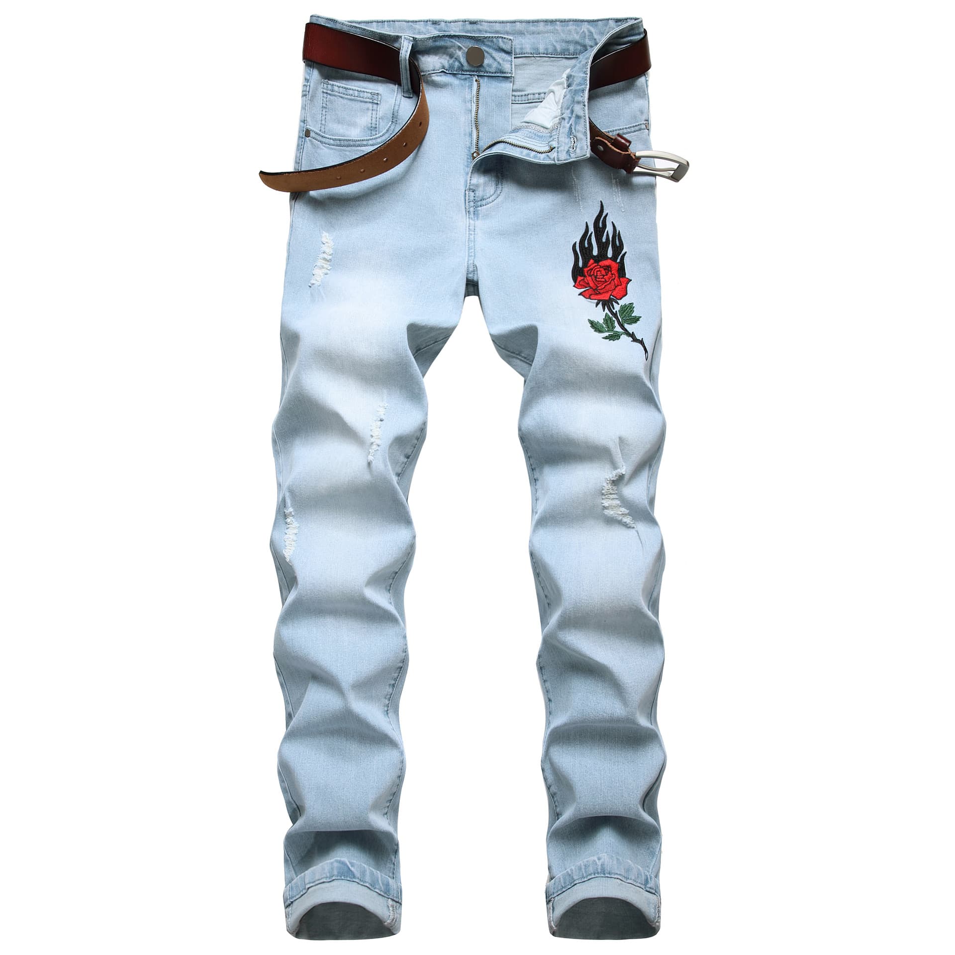 Men's Clothing men's stretch embroidered jeans rose flower light color ripped men's denim