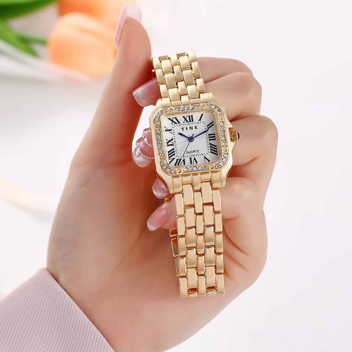 New Women's Fashion Student Quartz Square Diamond-Studded Watch Female Internet Celebrity Steel Band Wristwatch