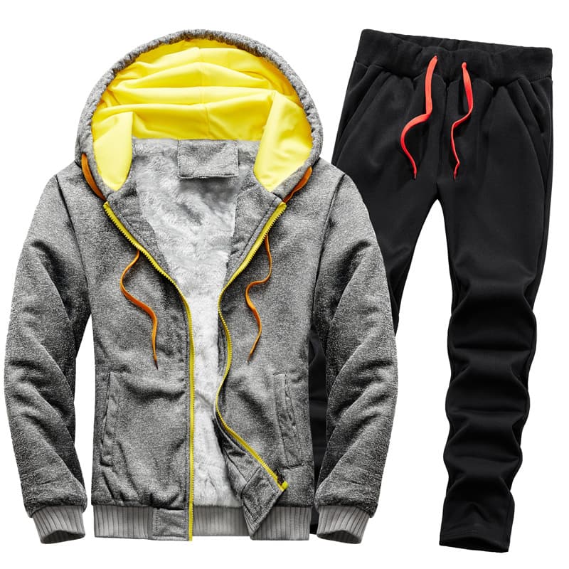 Winter Men's Thick And Fleece Warm Hoodie Set Solid Color Sportswear